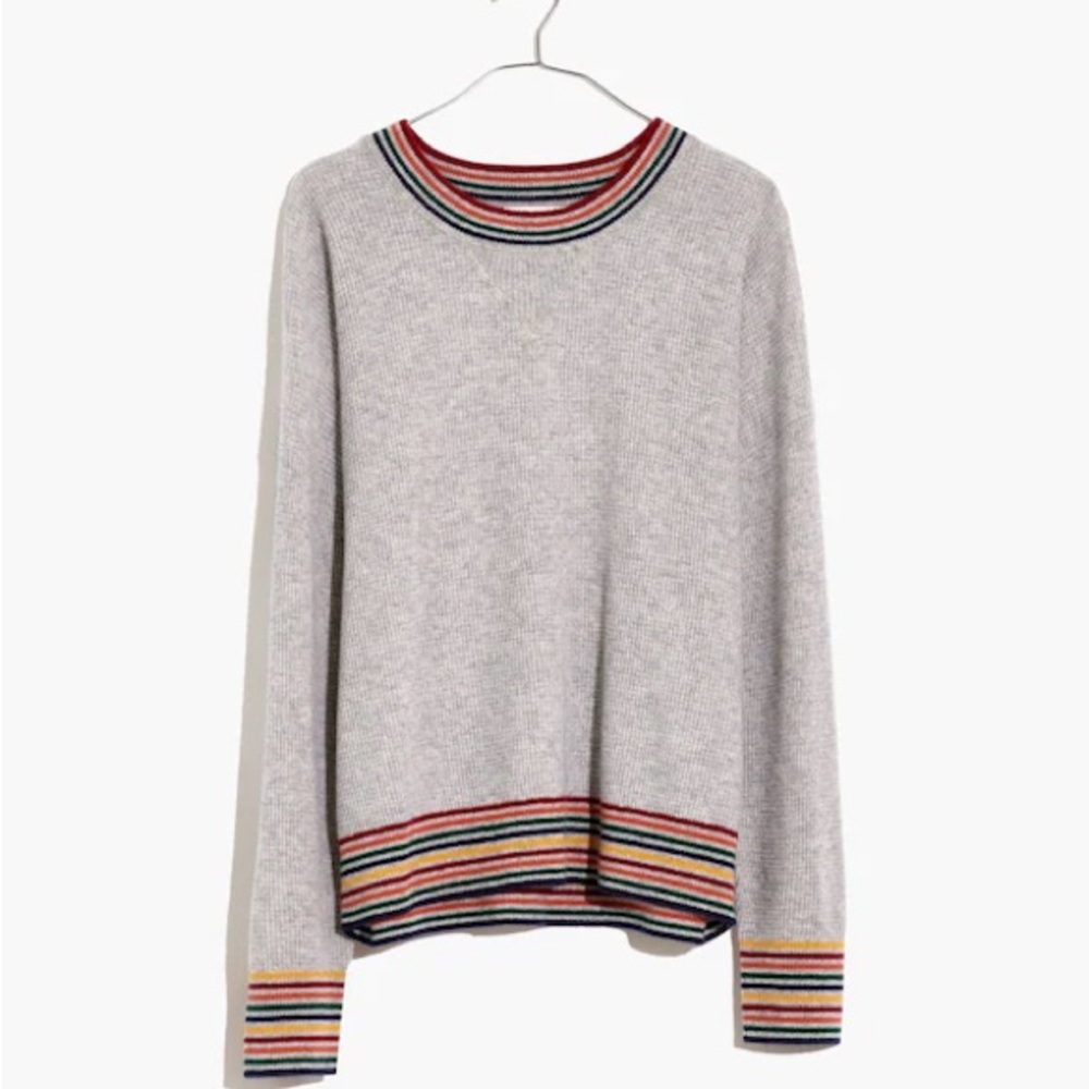 Madewell Cashmere Heather Gray Sweater with Rainbow Stripes